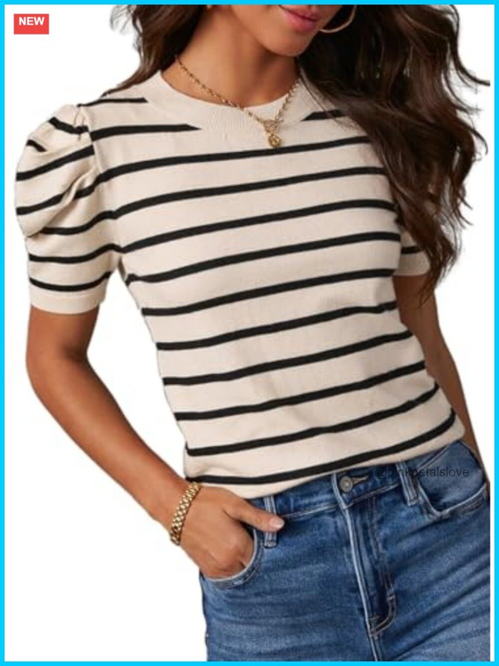 Women's Striped Knit Tunic Top Short Puff Sleeve Lightweight Sweater